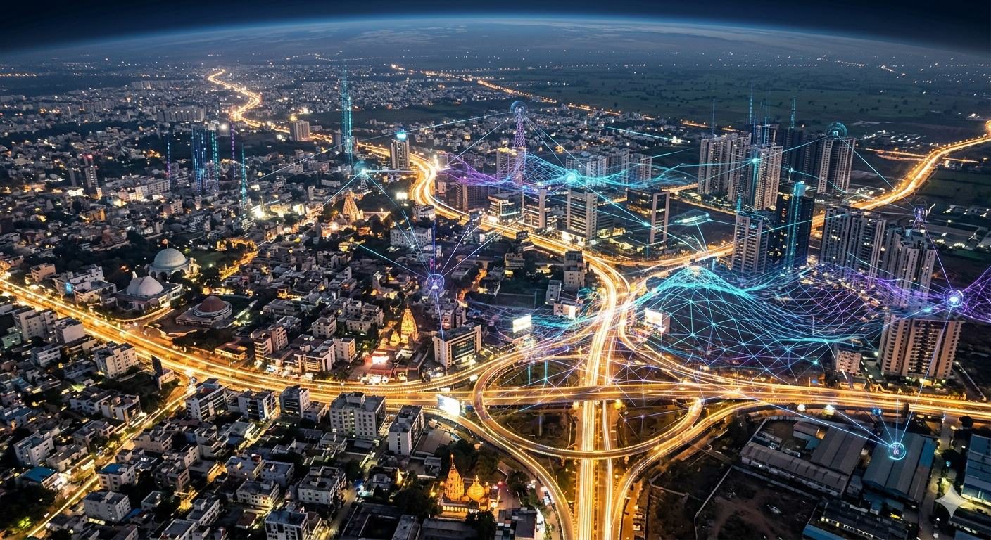 Illuminated Indian city with a connected digital network